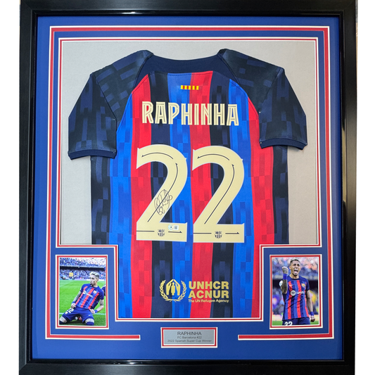 Framed Autographed/Signed Raphinha Raphael Belloli 35x39 FC Barcelona Blue Soccer Jersey Beckett BAS COA