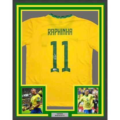 Framed Autographed/Signed Raphinha Raphael Belloli 35x39 Brazil Yellow Soccer Jersey Beckett BAS COA