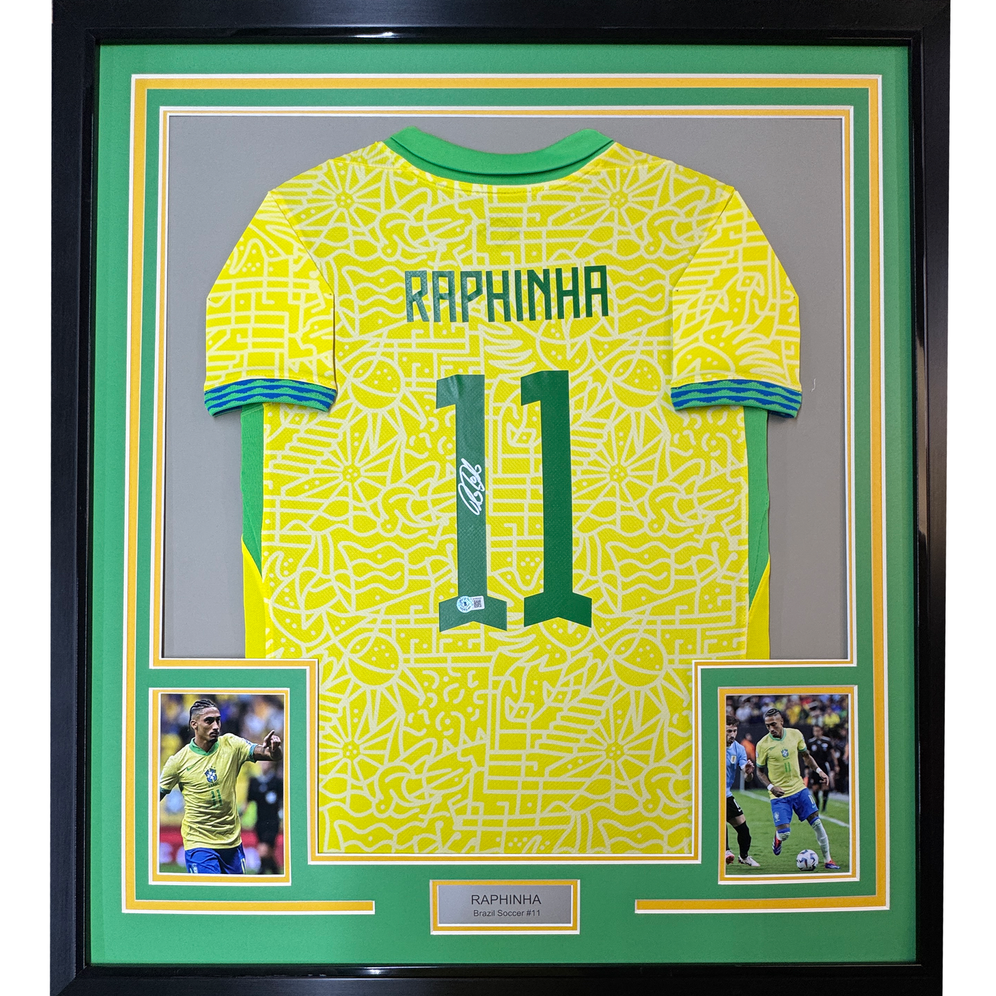 Framed Autographed/Signed Raphinha Raphael Belloli 35x39 Brazil Yellow Soccer Jersey Beckett BAS COA