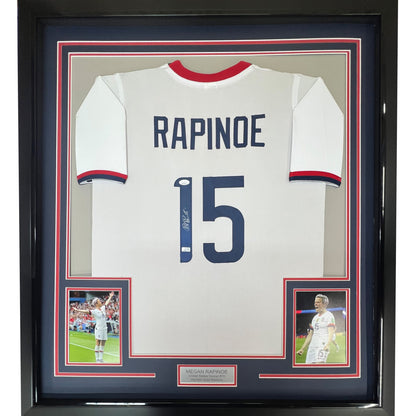 Framed Autographed/Signed Megan Rapinoe 35x39 White Soccer Team USA United States World Cup Jersey JSA COA