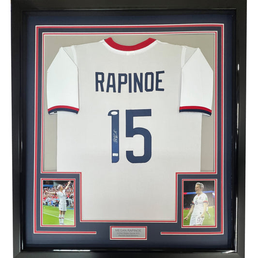 Framed Autographed/Signed Megan Rapinoe 35x39 White Soccer Team USA United States World Cup Jersey JSA COA