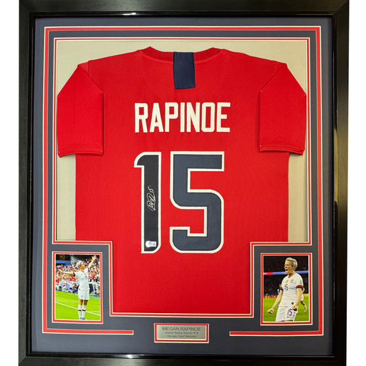 Framed Autographed/Signed Megan Rapinoe 35x39 Red Soccer Team USA United States World Cup Jersey JSA COA