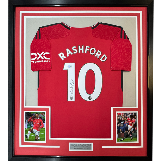 Framed Autographed/Signed Marcus Rashford 35x39 Manchester United Red Soccer Jersey Beckett BAS COA