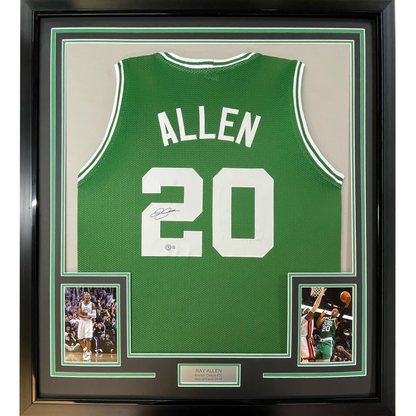 Framed Autographed/Signed Ray Allen 35x39 Boston Green Basketball Jersey Beckett BAS COA
