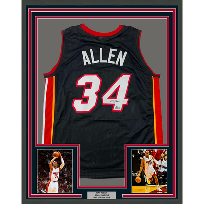 Framed Autographed/Signed Ray Allen 35x39 Miami Black Basketball Jersey Beckett BAS COA