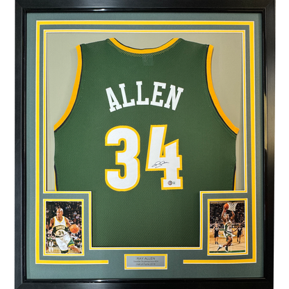 Framed Autographed/Signed Ray Allen 35x39 Seattle Green Basketball Jersey Beckett BAS COA