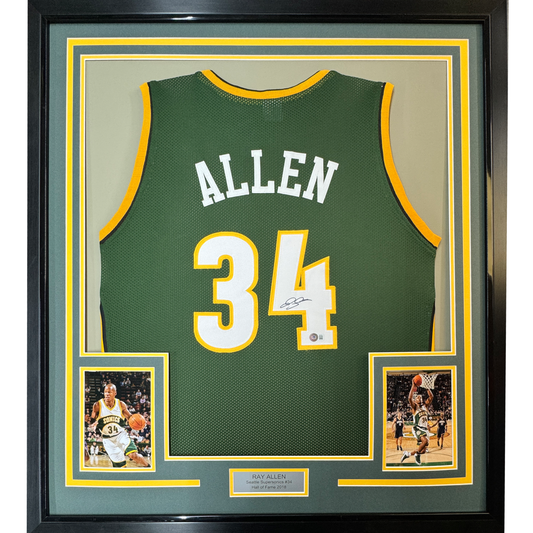 Framed Autographed/Signed Ray Allen 35x39 Seattle Green Basketball Jersey Beckett BAS COA