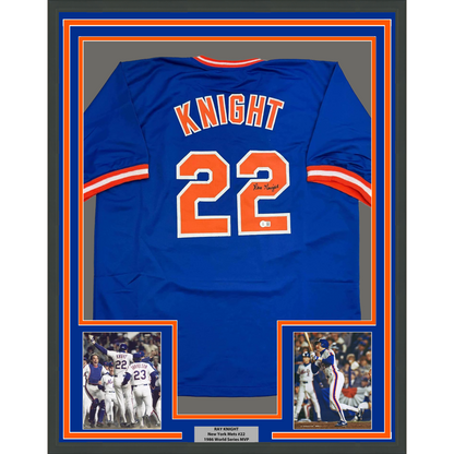 Framed Autographed/Signed Ray Knight 35x39 New York Blue Baseball Jersey Beckett BAS COA