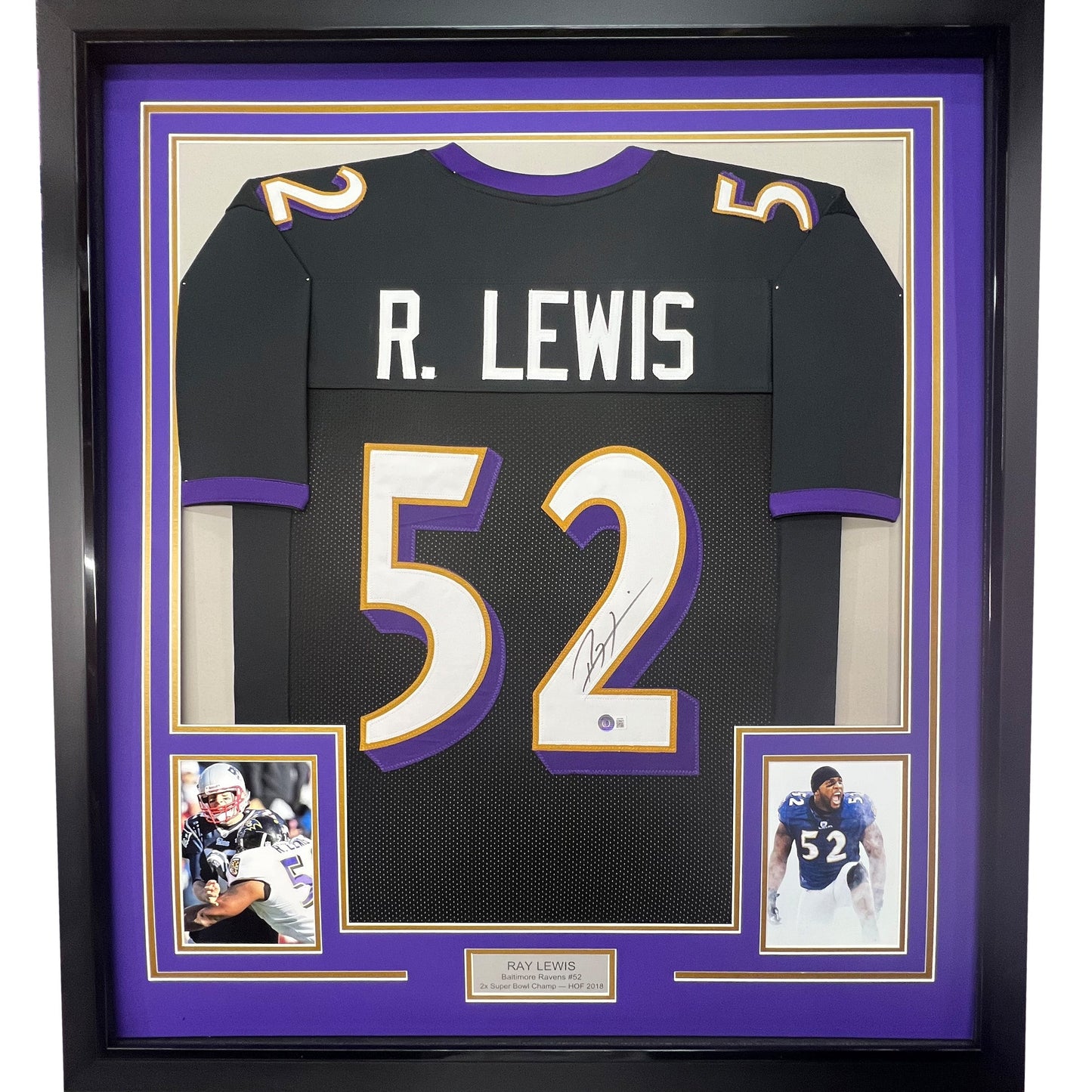 Framed Autographed/Signed Ray Lewis 35x39 Baltimore Black Football Jersey JSA COA