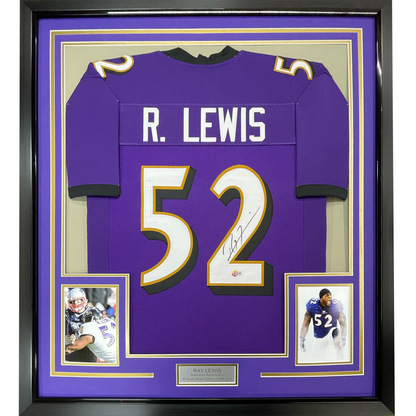 Framed Autographed/Signed Ray Lewis 35x39 Baltimore Purple Football Jersey PSA/DNA COA