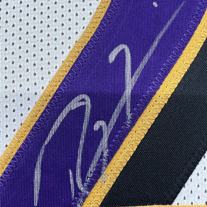 Framed Autographed/Signed Ray Lewis 35x39 Baltimore White Football Jersey JSA COA