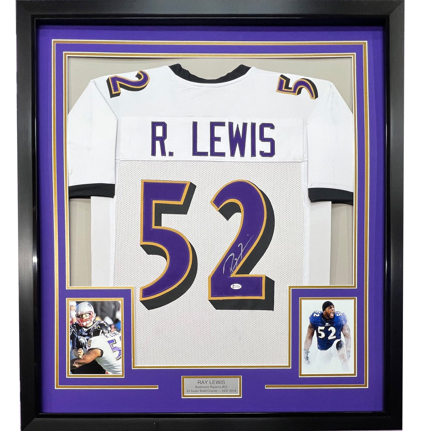 Framed Autographed/Signed Ray Lewis 35x39 Baltimore White Football Jersey JSA COA