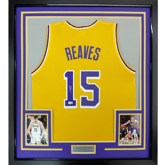 Framed Autographed/Signed Austin Reaves 35x39 Los Angeles LA Yellow Basketball Jersey Beckett BAS COA