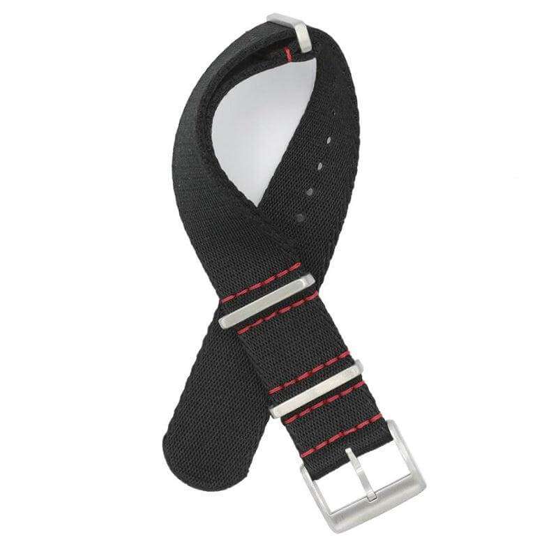 Eco-Friendly  Nylon Military  Watch Strap -  Black Red Stitches