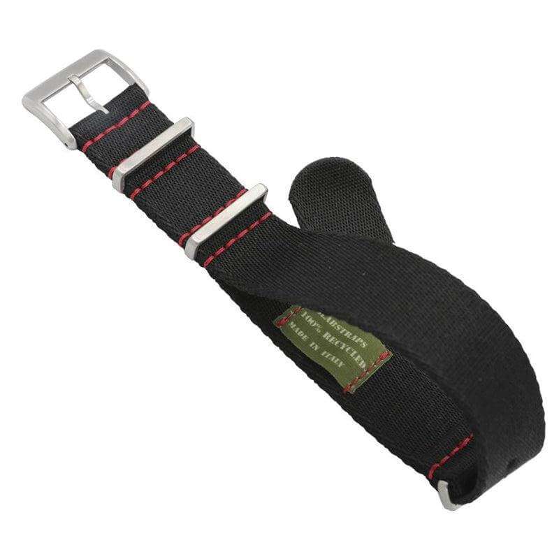 Eco-Friendly  Nylon Military  Watch Strap -  Black Red Stitches