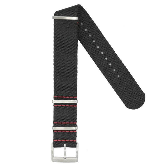 Eco-Friendly  Nylon Military  Watch Strap -  Black Red Stitches