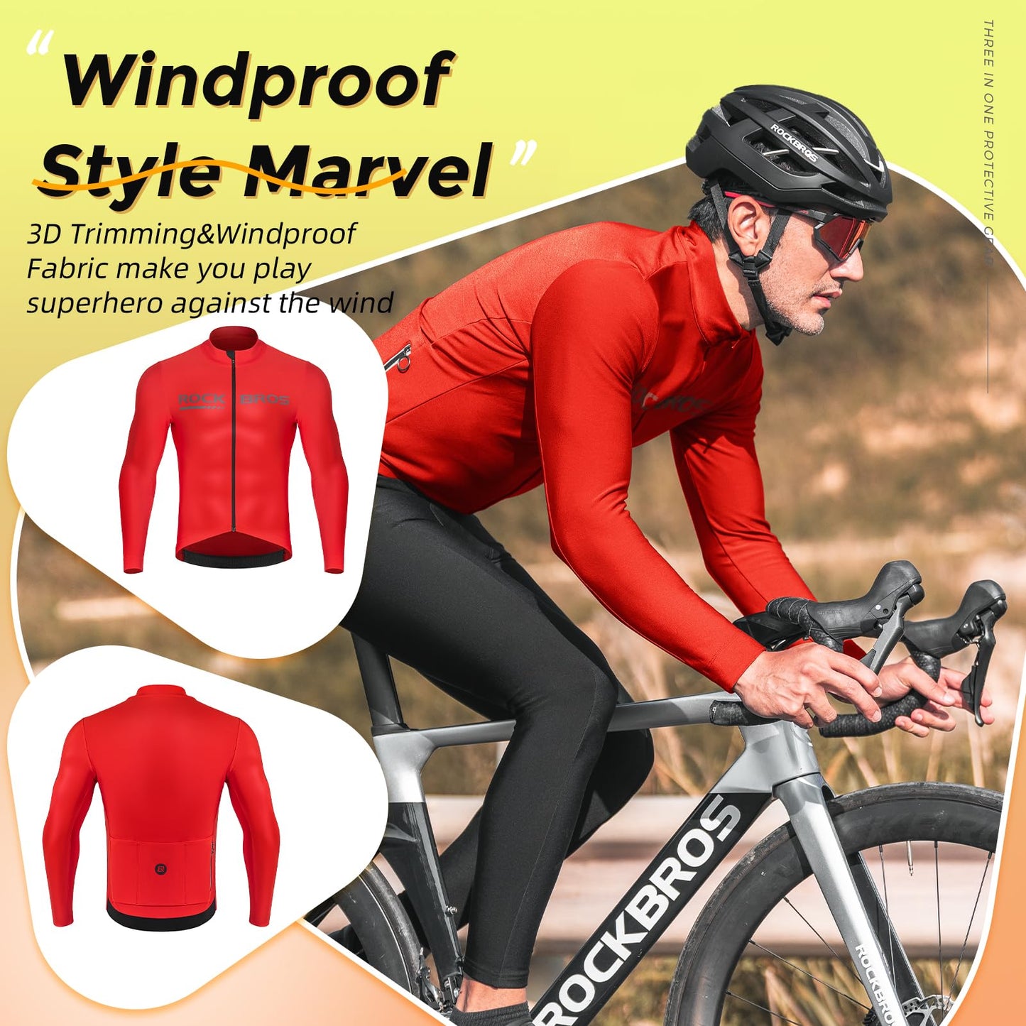 ROCKBROS Men's Long Sleeve Cycling Jersey with full zipper rear pockets perfect fit for outdoor sports