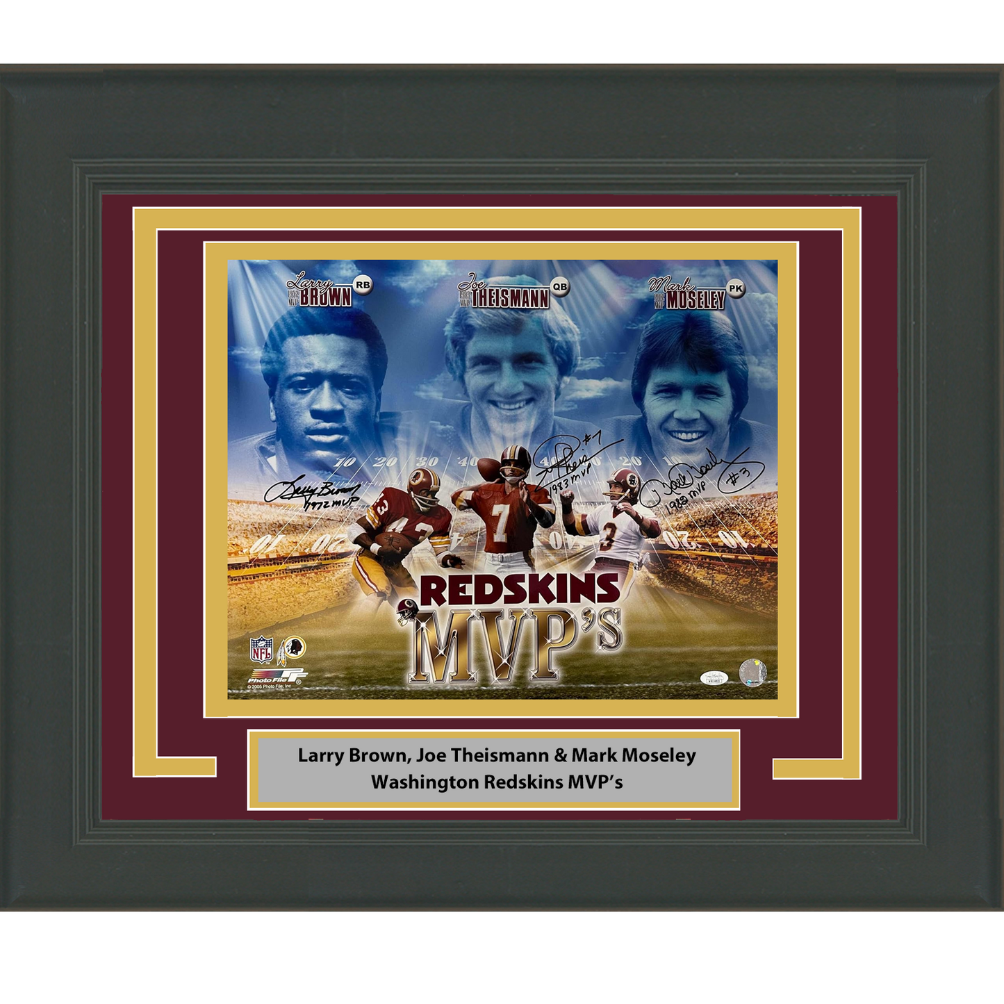 Framed Autographed/Signed Joe Theismann Mark Moseley Larry Brown Washington Commanders MVPs 16x20 Football Photo JSA COA