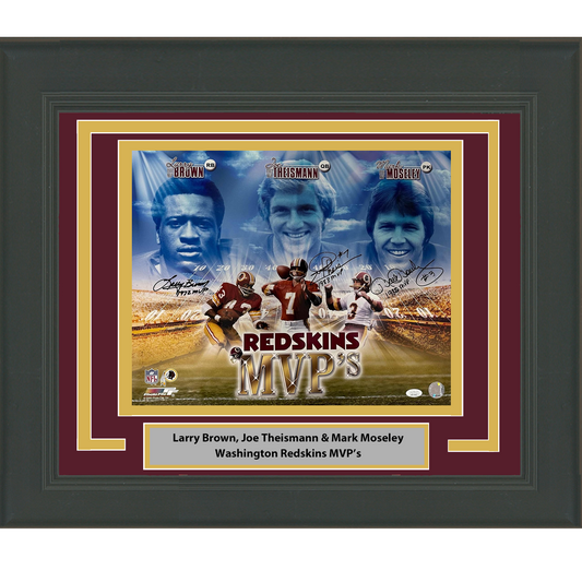 Framed Autographed/Signed Joe Theismann Mark Moseley Larry Brown Washington Commanders MVPs 16x20 Football Photo JSA COA