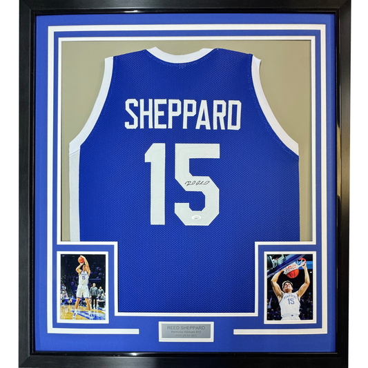 Framed Autographed/Signed Reed Sheppard 35x39 Kentucky Blue College Basketball Jersey JSA COA
