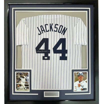 Framed Autographed/Signed Reggie Jackson 35x39 New York Pinstripe Baseball Jersey JSA COA