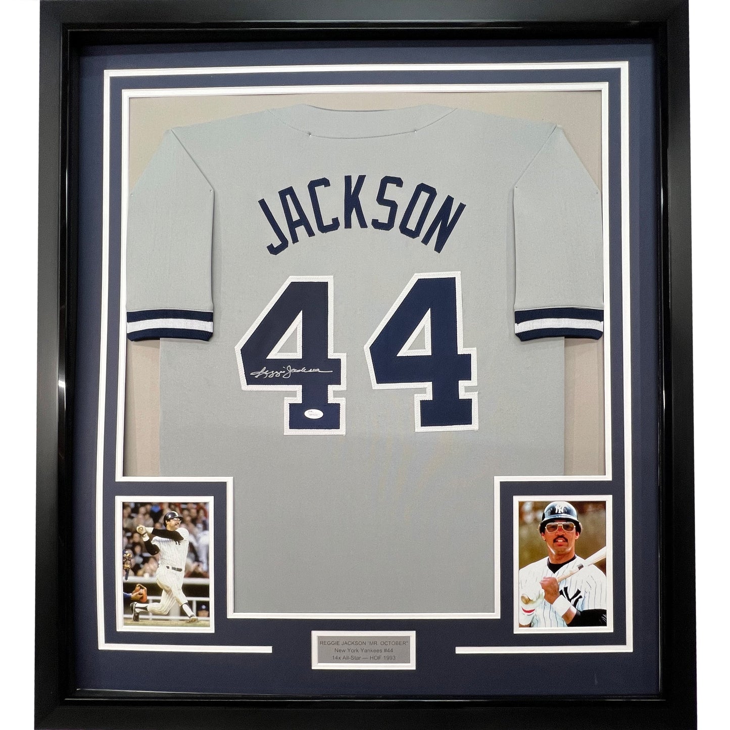 Framed Autographed/Signed Reggie Jackson 35x39 New York Grey Baseball Jersey JSA COA