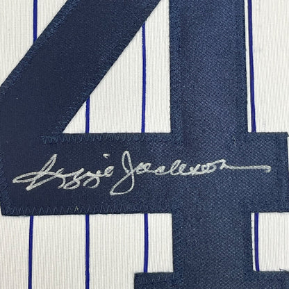Framed Autographed/Signed Reggie Jackson 35x39 New York Pinstripe Baseball Jersey JSA COA