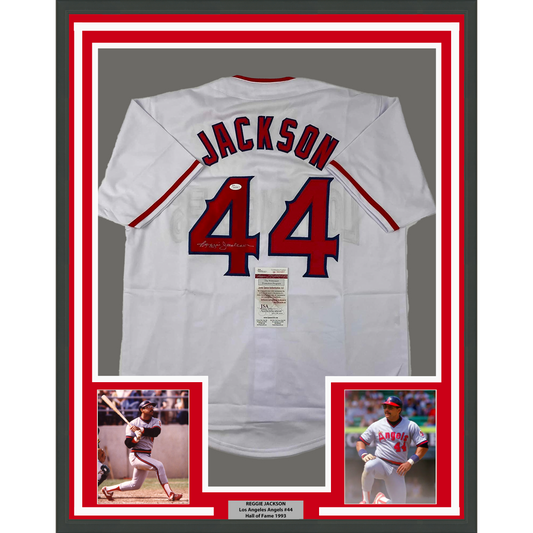 Framed Autographed/Signed Reggie Jackson 35x39 California Los Angeles White Baseball Jersey JSA COA