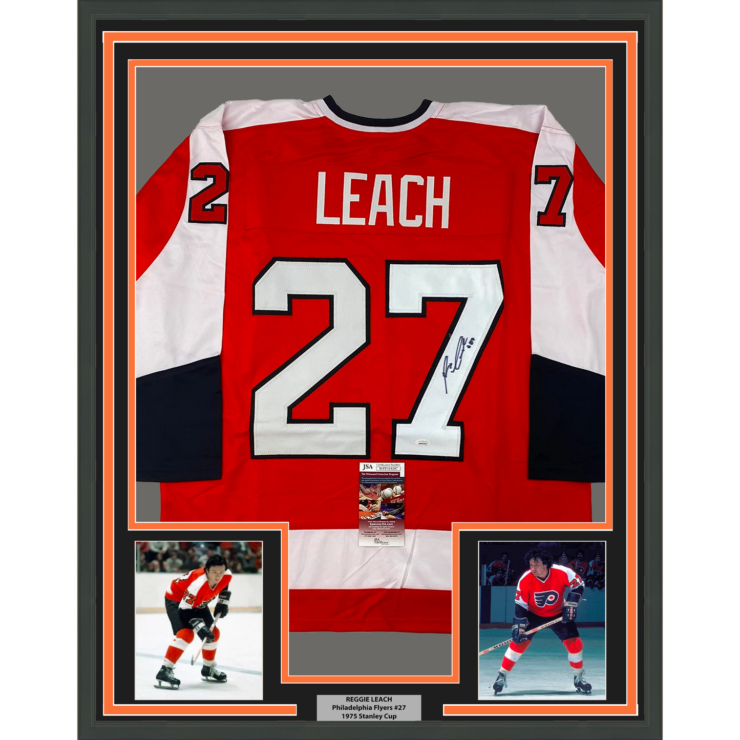 Framed Autographed/Signed Reggie Leach 35x39 Philadelphia Orange Hockey Jersey JSA COA