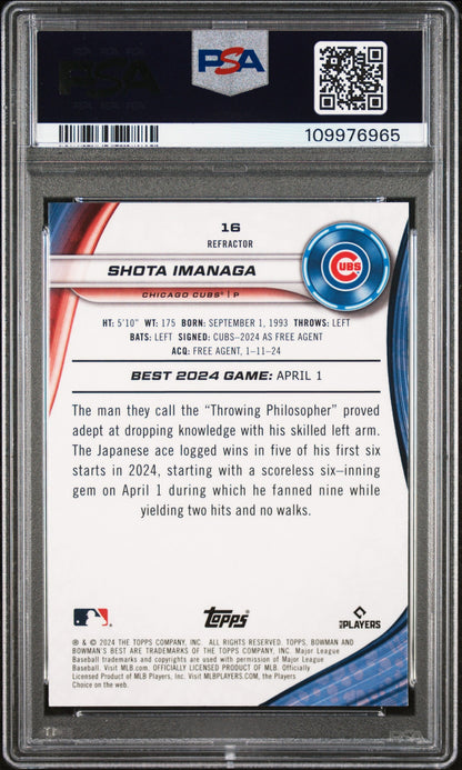 Graded 2024 Topps Bowmans Best Shota Imanaga #16 Refractor Rookie RC Baseball Card PSA 10 Gem Mint