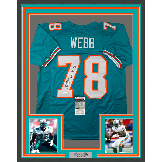 Framed Autographed/Signed Richmond Webb 35x39 Miami Teal Football Jersey JSA COA