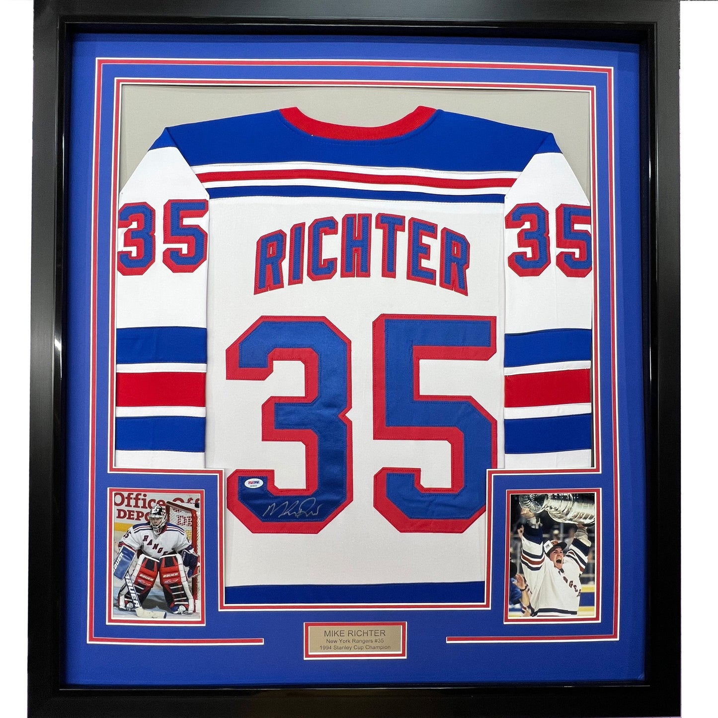 Framed Autographed/Signed Mike Richter 35x39 New York White Hockey Jersey PSA/DNA COA