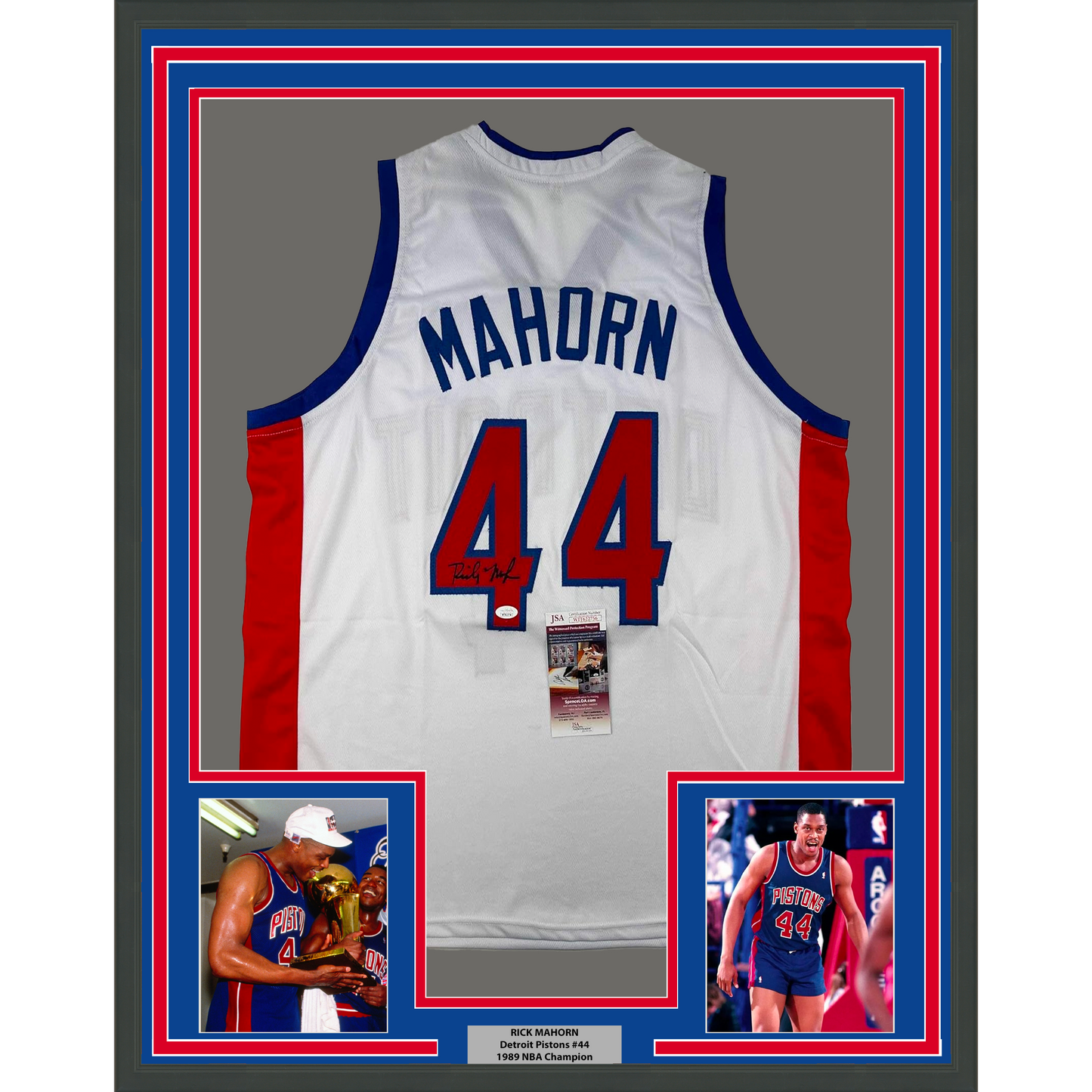 Framed Autographed/Signed Rick Mahorn 35x39 Detroit White Basketball Jersey JSA COA
