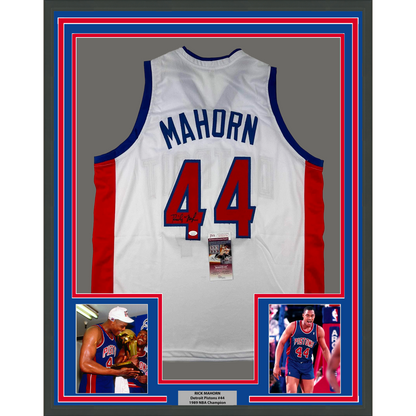 Framed Autographed/Signed Rick Mahorn 35x39 Detroit White Basketball Jersey JSA COA