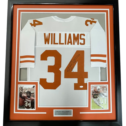 Framed Autographed/Signed Ricky Williams 35x39 Texas White College Football Jersey JSA COA