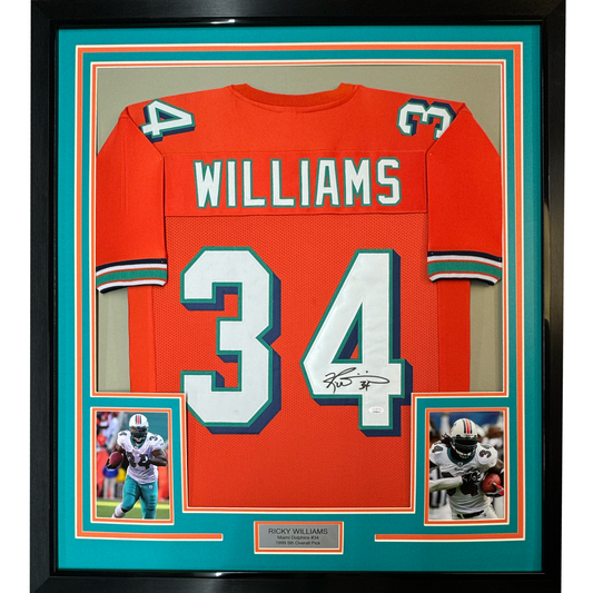 Framed Autographed/Signed Ricky Williams 35x39 Miami Orange Football Jersey JSA COA