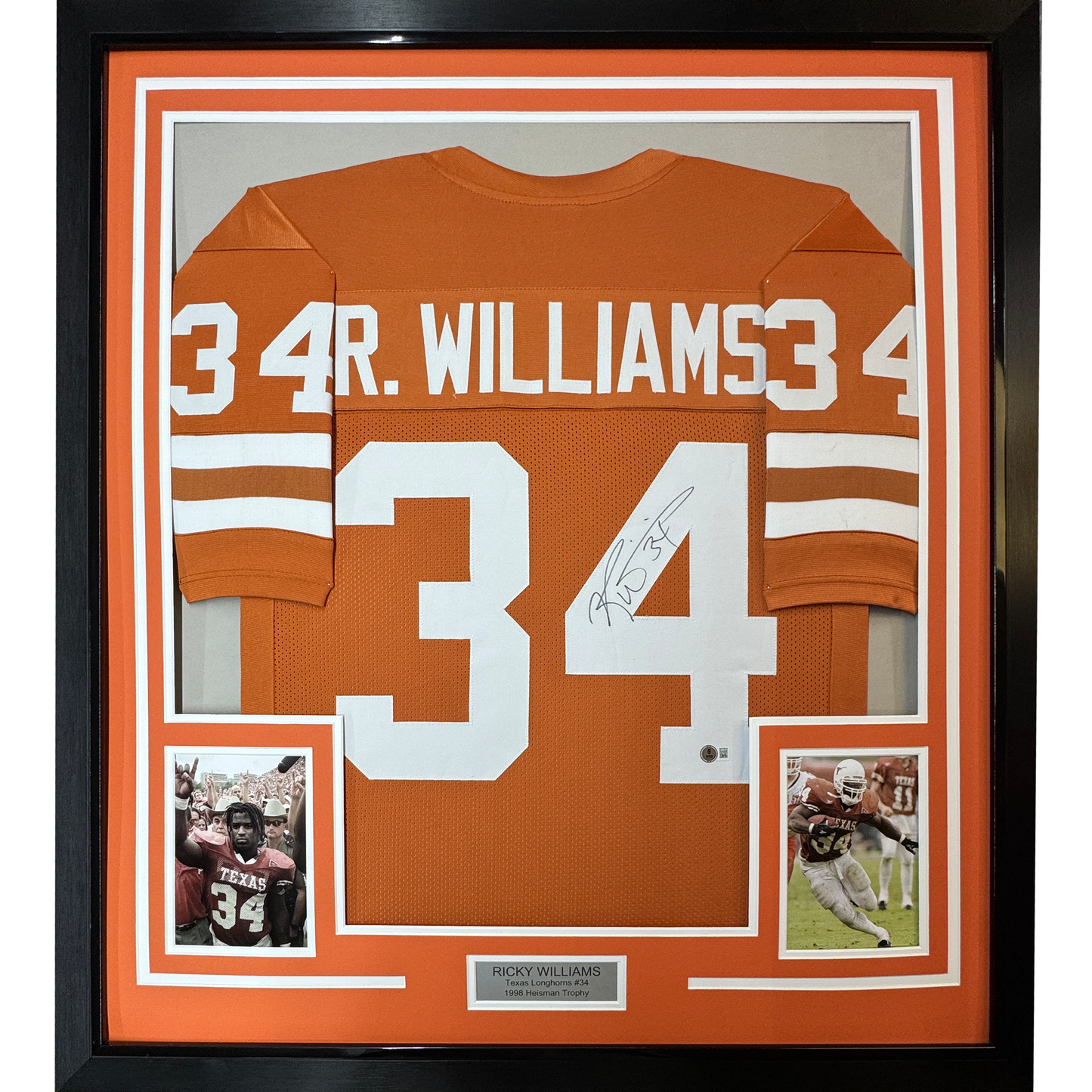 Framed Autographed/Signed Ricky Williams 35x39 Texas Orange College Football Jersey JSA COA