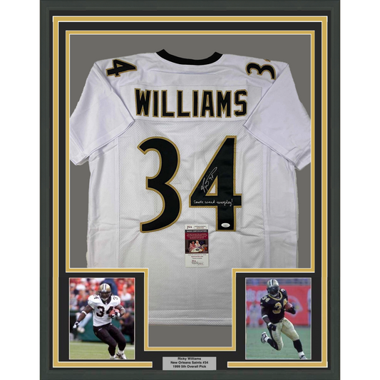 Framed Autographed/Signed Ricky Williams 35x39 Smoke Weed Everyday Inscribed New Orleans White Football Jersey JSA COA