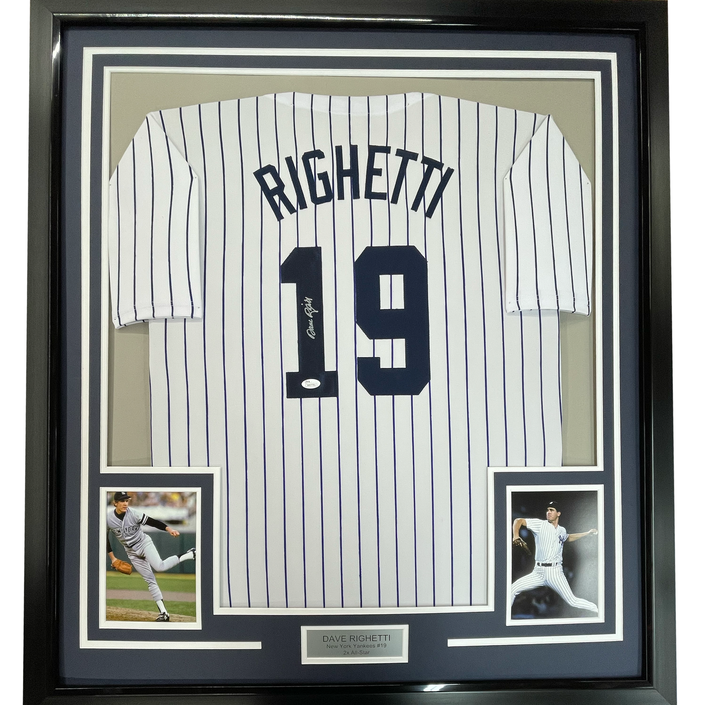 Framed Autographed/Signed Dave Righetti 35x39 New York Pinstripe Baseball Jersey JSA COA