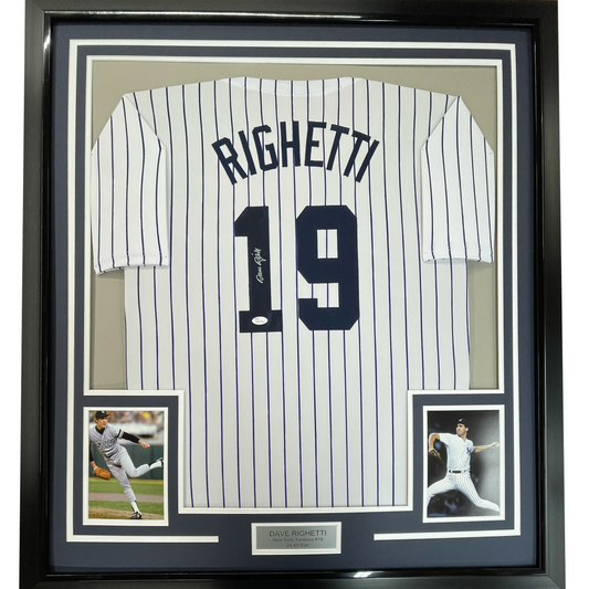 Framed Autographed/Signed Dave Righetti 35x39 New York Pinstripe Baseball Jersey JSA COA
