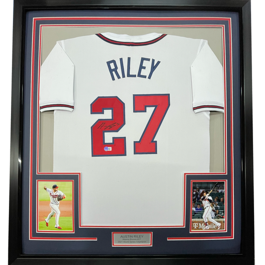Framed Autographed/Signed Austin Riley 35x39 Atlanta White Baseball Jersey Beckett BAS COA