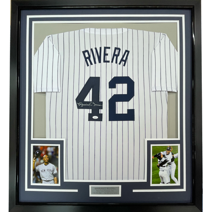 Framed Autographed/Signed Mariano Rivera 35x39 New York Pinstripe Baseball Jersey JSA COA/LOA