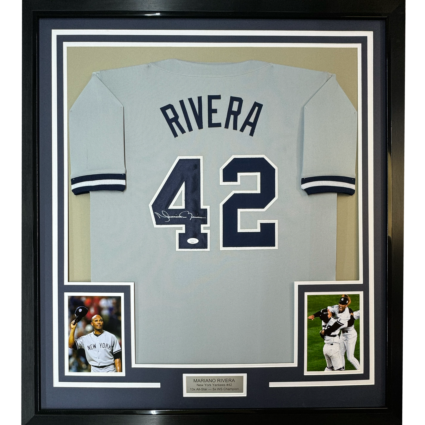 Framed Autographed/Signed Mariano Rivera 35x39 New York Grey Baseball Jersey JSA COA/LOA