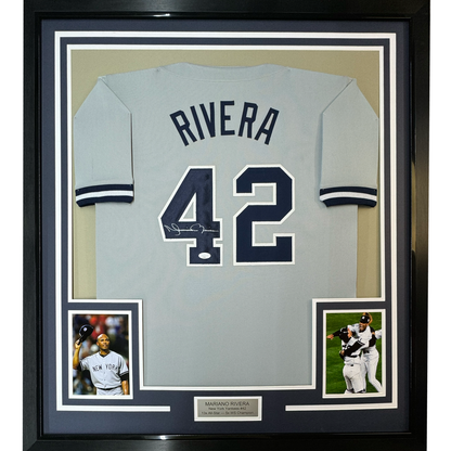 Framed Autographed/Signed Mariano Rivera 35x39 New York Grey Baseball Jersey JSA COA/LOA