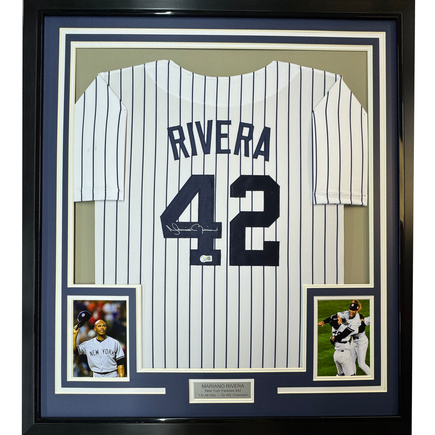 Framed Autographed/Signed Mariano Rivera 35x39 New York Pinstripe Baseball Jersey Beckett BAS COA Holo
