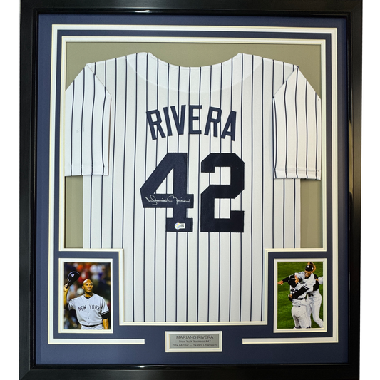 Framed Autographed/Signed Mariano Rivera 35x39 New York Pinstripe Baseball Jersey Beckett BAS COA Holo