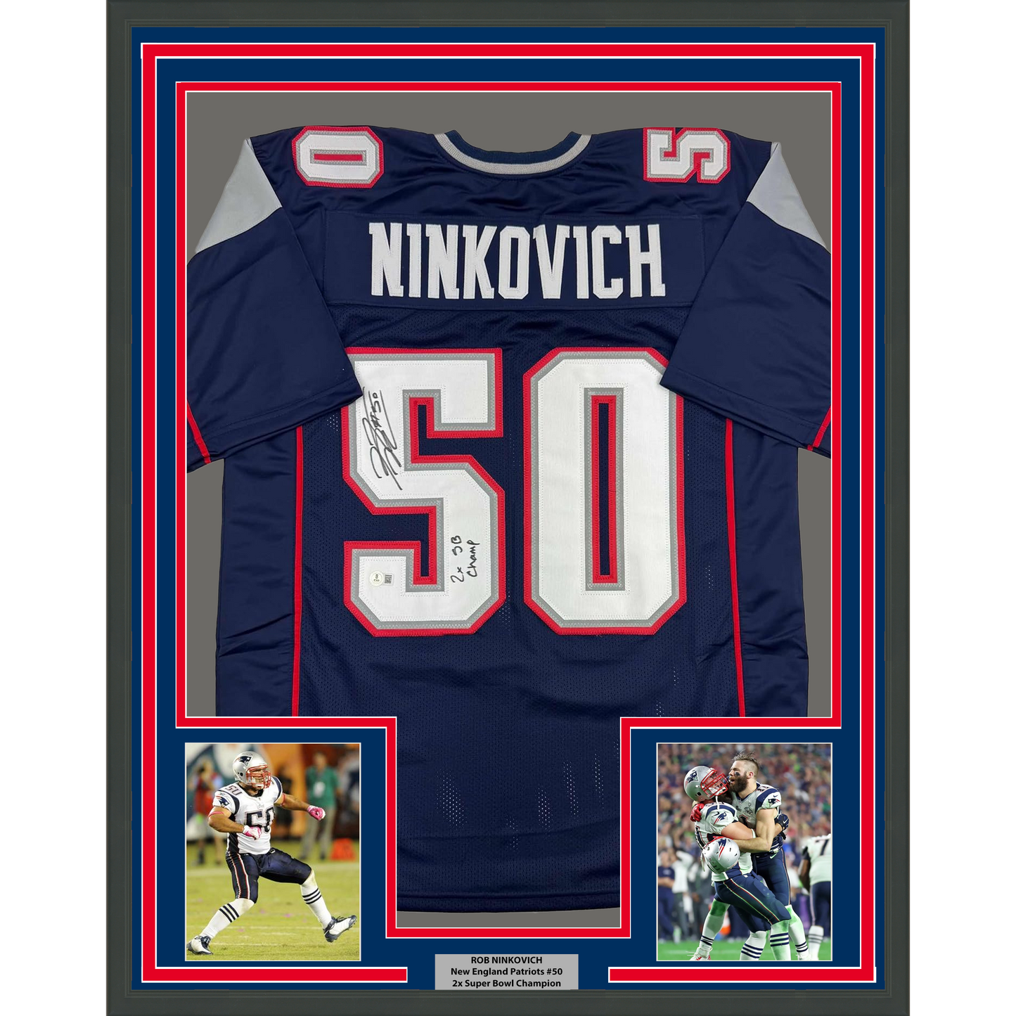 Framed Autographed/Signed Rob Ninkovich "2x SB Champ" 35x39 New England Blue Football Jersey Beckett BAS COA