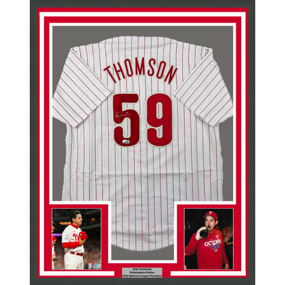Framed Autographed/Signed Rob Thomson 35x39 Philadelphia Pinstripe Baseball Jersey Beckett BAS COA