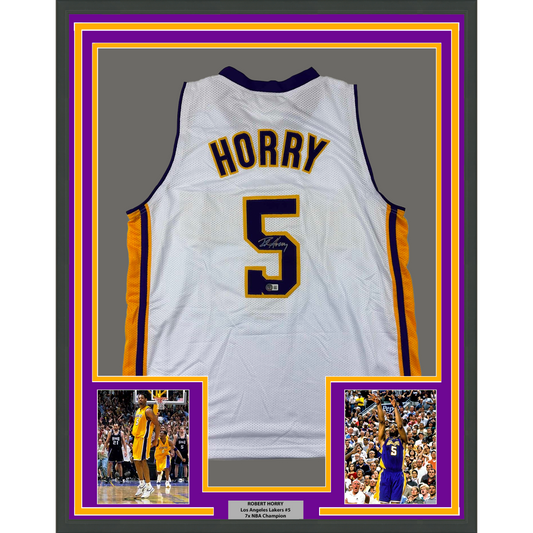 Framed Autographed/Signed Robert Horry 35x39 Los Angeles LA White Basketball Jersey Beckett BAS COA