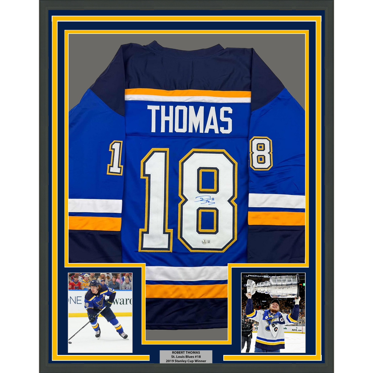 Framed Autographed/Signed Robert Thomas 35x39 St. Louis Blue Hockey Jersey Beckett BAS COA